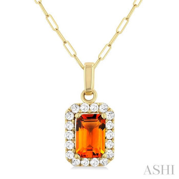 6x4 MM Octagonal Shape Citrine and 1/6 Ctw Round Cut Diamond Halo Semi-Precious Pendant with Chain in 10K Yellow Gold